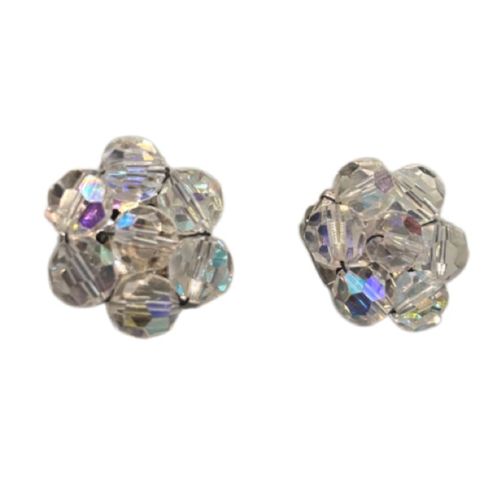 Vintage Earrings Aurora Borealis Crystal Beaded Flowers Clip On 50s 60s Jewelry - Picture 11 of 16